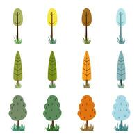 conjunto de arboles y césped plano bosque naturaleza plantas aislado hojas ecológico primavera, verano, otoño y invierno vector ilustración