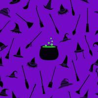 Purple and black seamless pattern Halloween broom and magic cauldron or pot vector
