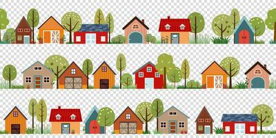 frame border landscape barn farm, house and tree greenery vector icons in a row.  illustration