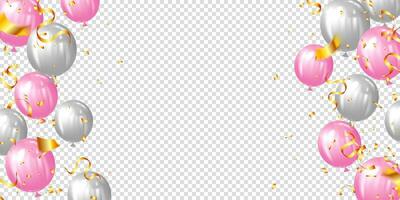 realistic pink and white balloons background. gold confetti, minimal idea, lovely party concept banner, event, promotion and web page vector