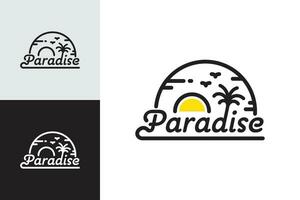 Line art paradise logo tropical beach concept with palm trees and sunset vector