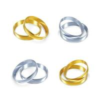 Set of silver and golden wedding rings. Realistic render of platinum and gold rings. Vector illustration isolated on white background