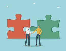 Teamwork to achieve heights in work, strategic planning to achieve common goals, cooperation for fast pace of business development, teamwork for financial growth, men shaking hands near folded puzzles vector