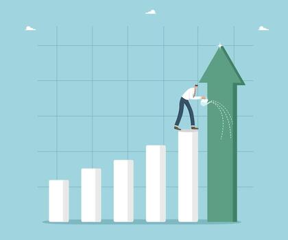 escalera de éxito, planificación y análisis de negocio estrategias a lograr objetivos, motivación para alto resultados, carrera crecimiento y desarrollo perspectivas, hombre aguas grafico columna en formar de creciente flecha vector