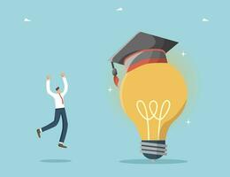 Studying and obtaining new knowledge to create innovations, developing intelligence and logic to find new opportunities, education and training courses, man stands near light bulb in academic hat. vector