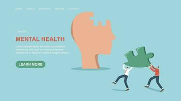 Web banner, infographic, web page with men carry the missing puzzle to a big head. Mental health, ways and creative approach to solving complex problems, brainstorming to achieve high results in work. vector