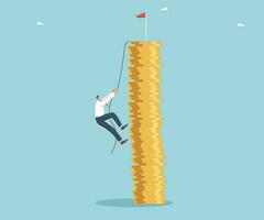 Increasing income and wages, financial growth, improving the economy, profitability of the investment portfolio, promoting business to a new level, man climbs a rope to the top of a stack of coins. vector