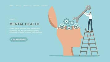 Vector illustration for website or web page, banner with man turns gears in his big head. Mental health, inspiration or motivation to achieve goal, new ideas or introduction of innovations for success