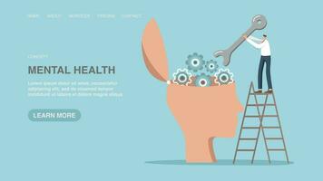 Vector illustration for website or web page, banner with man turns gears in his big head. Mental health, inspiration or motivation to achieve goal, new ideas or introduction of innovations for success