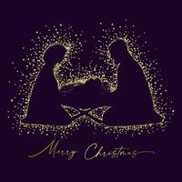 Christmas scene of baby Jesus in the manger with Mary and Joseph. Christian Nativity glittering card vector