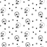 Halloween vector pattern. Smilling skull pattern with flowers and hearts in black and white. Retro style pattern.