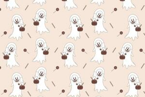 Halloween vector pattern. Ghost in creepy clown mask with pumpkin basket full of candies in retro style.