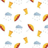 Rainy weather pattern with wellington boots, rainy cloud and umbrella. Autumn pattern in cartoon style. vector