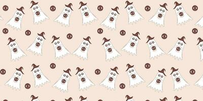 Halloween vector pattern. Ghost with crystal ball in groovy retro style.