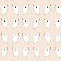 Halloween vector pattern. Flying scared ghost with candle in retro style.