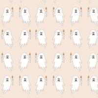 Halloween vector pattern. Flying scared ghost with candle in retro style.