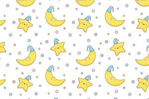 Cute baby vector pattern. Cartoon style moon and stars pattern.