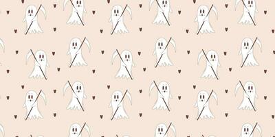 Halloween vector pattern. Grim reaper ghost in retro style.