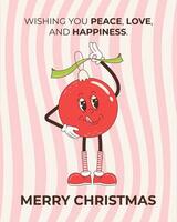 Groovy Christmas greeting card with Christmas ball and greeting text. Funny retro cartoon Christmas character in 60s-70s vintage style. vector