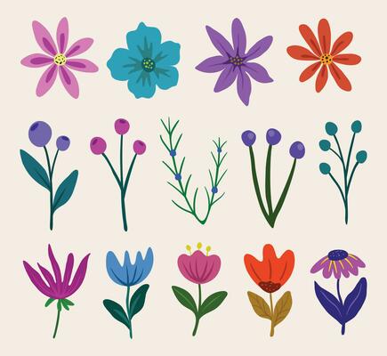Trendy botanical elements, Hand drawn line leaves branches and blooming