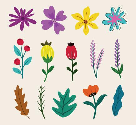 Trendy botanical elements, Hand drawn line leaves branches and blooming