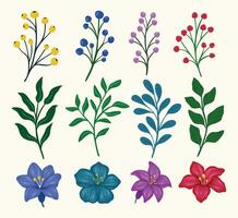 Trendy botanical elements, Hand drawn line leaves branches and blooming vector