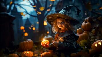 Little girl dressed as witch holding lit pumpkin in pumpkin patch. Generative AI photo