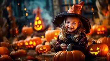 pequeño niña vistiendo brujas sombrero y sentado en calabaza parche con un montón de Jack - o - linternas generativo ai foto