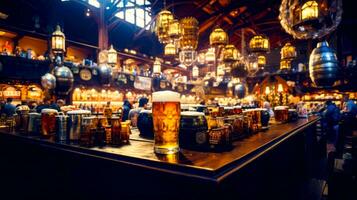 Table topped with lots of glasses filled with beer next to bar. Generative AI photo