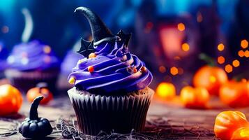 Cupcake with purple frosting and witch's hat on top. Generative AI photo