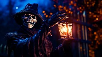 esqueleto participación linterna en sus mano y vistiendo negro sombrero y capa. generativo ai foto