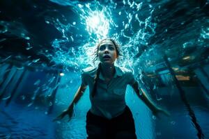 Woman in green shirt standing under water in pool of water. Generative AI photo