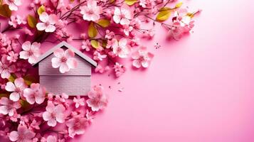 Pink house surrounded by pink flowers on pink background with space for text. Generative AI photo