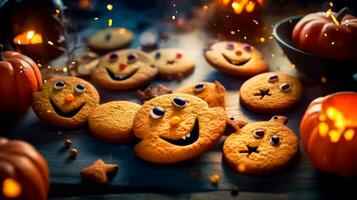 Close up of some cookies with faces and eyes on wooden table. Generative AI photo