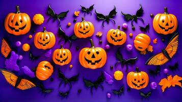 Group of pumpkins with bats and bats around them on purple background. Generative AI photo