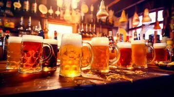 Row of beer mugs sitting on top of table next to each other. Generative AI photo