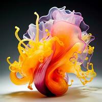 Colorful object that is floating in the air on white surface with black background. Generative AI photo