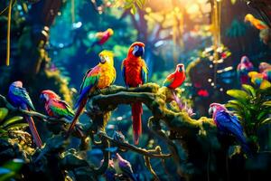 Group of colorful birds sitting on top of tree branch in forest. Generative AI photo