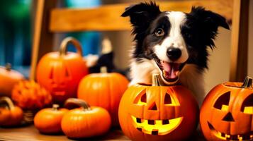 Black and white dog sitting in front of pumpkin with its mouth open. Generative AI photo