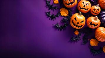 Group of halloween pumpkins with bats on purple and purple background. Generative AI photo