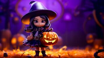 Little girl dressed as witch holding jack - o - lantern. Generative AI photo