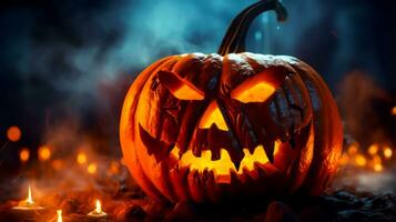 Carved jack o lantern on pile of leaves with candle in the background. Generative AI photo
