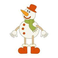 Christmas illustration of a snowman in retro groovy style. Cartoon character on a white background. Vector. vector