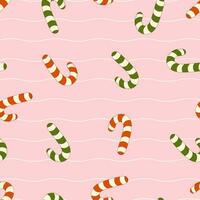 Seamless pattern of groovy candy cane in retro style on a pink background. Vector illustration for design, textiles, wrapping paper, cards.