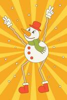 Dancing snowman. Vector illustration in trendy retro groovy style for cards, flyers, posters, banners, design.