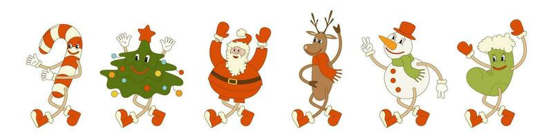 Set of Christmas and New Year characters. Vector illustration in trendy groovy retro style.