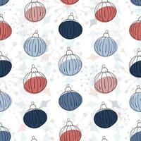 Seamless pattern with New Year's clipart doodles. Hand drawn Christmas tree balls with red, blue spots and a cute texture of star shapes and fireworks in the background vector