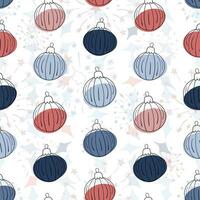 Seamless pattern with New Year's clipart doodles. Hand drawn Christmas tree balls with red, blue spots and a cute texture of star shapes and fireworks in the background vector