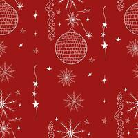 Seamless pattern with New Year's clipart doodles. Hand drawn white disco ball, snowflakes, garlands and star shaped ornaments on a red background vector