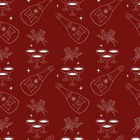 Seamless pattern with New Year's clipart. Hand drawn champagne bottleneck with foamy splashes and a flying cork, champagne bottle with label and snowflake, glasses with alcohol. vector